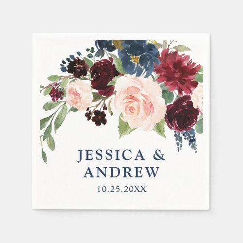 Burgundy Navy Blue Blush Floral Rustic Wedding Napkins