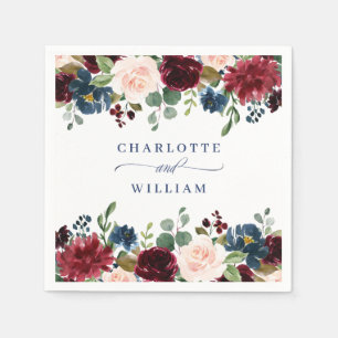 Burgundy Navy Blue Blush Floral Rustic Wedding Napkins