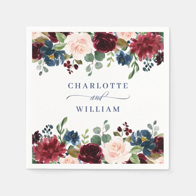 Burgundy Navy Blue Blush Floral Rustic Wedding Napkins (Front)
