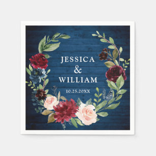 Burgundy Navy Blue Blush Floral Rustic Wedding Napkins