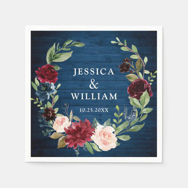 Burgundy Navy Blue Blush Floral Rustic Wedding Napkins | Zazzle