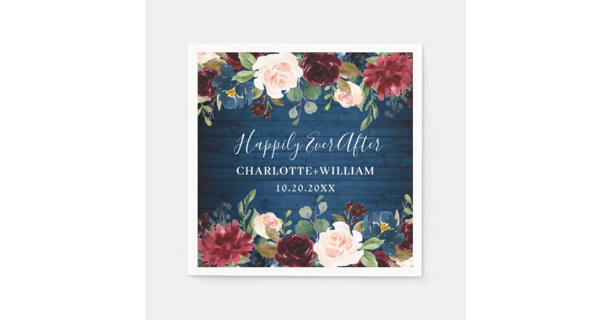 Burgundy Navy Blue Blush Floral Rustic Wedding Napkins | Zazzle