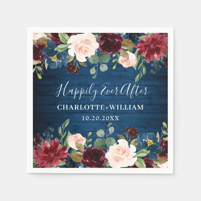 Burgundy Navy Blue Blush Floral Rustic Wedding Napkins | Zazzle