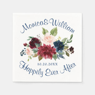 Burgundy Navy Blue Blush Floral Rustic Wedding Napkins