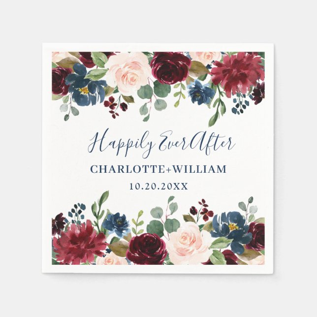 Burgundy Navy Blue Blush Floral Rustic Wedding Napkins (Front)