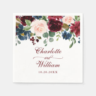 Burgundy Navy Blue Blush Floral Rustic Wedding Napkins