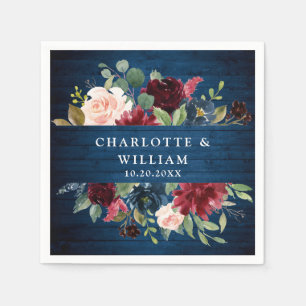 Burgundy Navy Blue Blush Floral Rustic Wedding Napkins