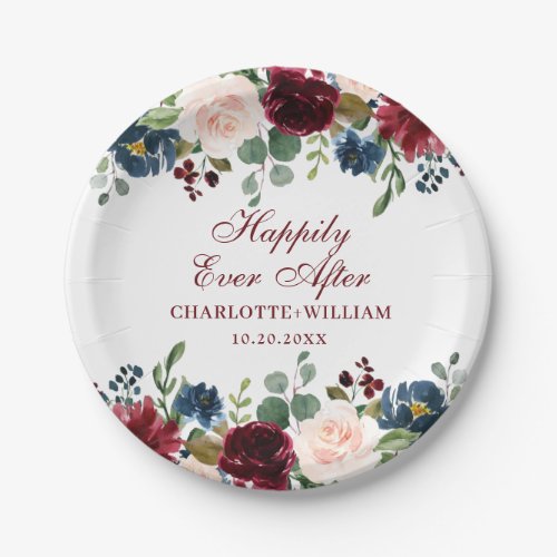 Burgundy Navy Blue Blush Floral Rustic Wedding Paper Plates