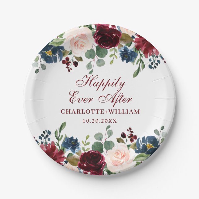 Burgundy Navy Blue Blush Floral Rustic Wedding Paper Plates (Front)