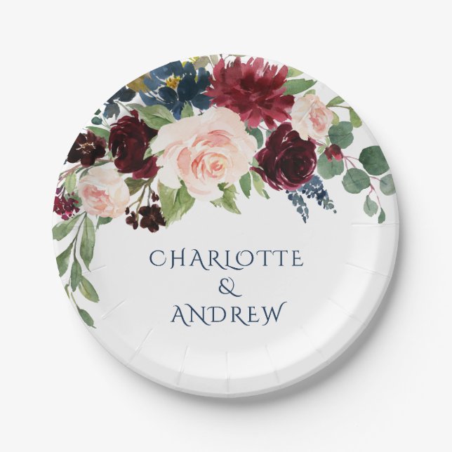 Burgundy Navy Blue Blush Floral Rustic Wedding Paper Plates (Front)
