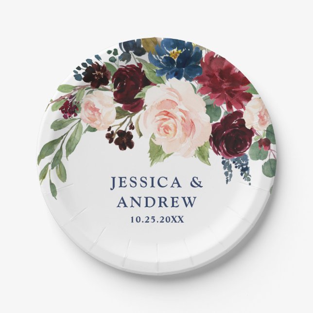 Burgundy Navy Blue Blush Floral Rustic Wedding Paper Plates (Front)