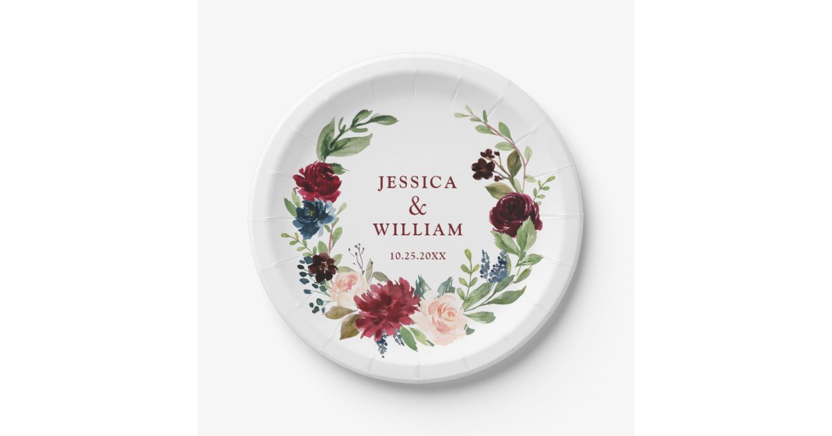 Burgundy Navy Blue Blush Floral Rustic Wedding Paper Plates | Zazzle