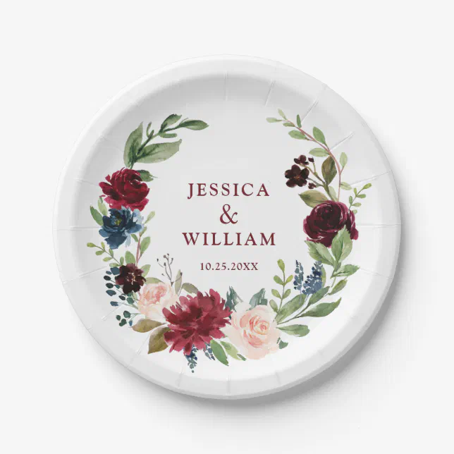 Burgundy Navy Blue Blush Floral Rustic Wedding Paper Plates | Zazzle