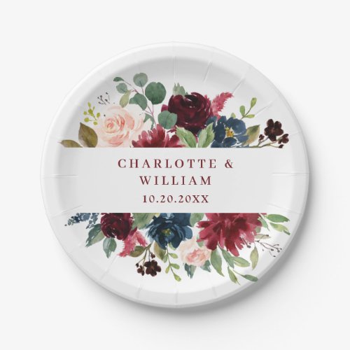 Burgundy Navy Blue Blush Floral Rustic Wedding Paper Plates