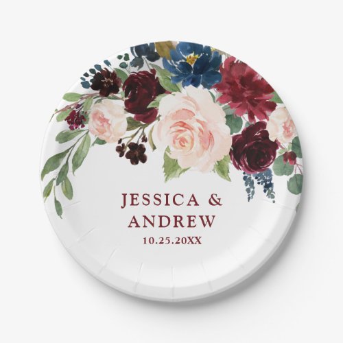 Burgundy Navy Blue Blush Floral Rustic Wedding Paper Plates