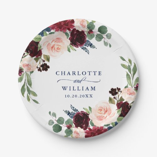 Burgundy Navy Blue Blush Floral Rustic Wedding Paper Plates