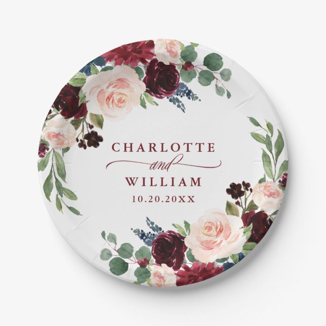 Burgundy Navy Blue Blush Floral Rustic Wedding Paper Plates (Front)