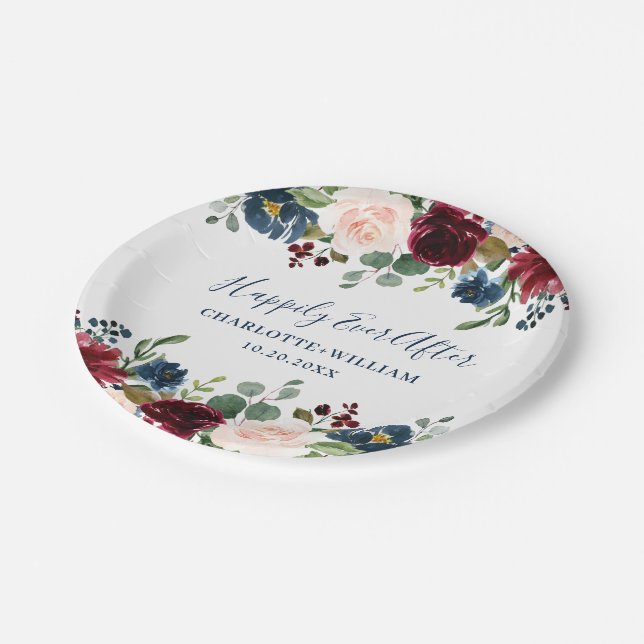 Burgundy Navy Blue Blush Floral Rustic Wedding Paper Plates (Angled)