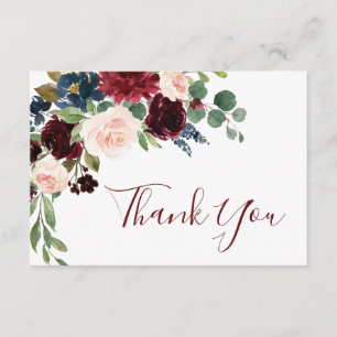 Burgundy Navy Blue Blush Floral Thank You Card