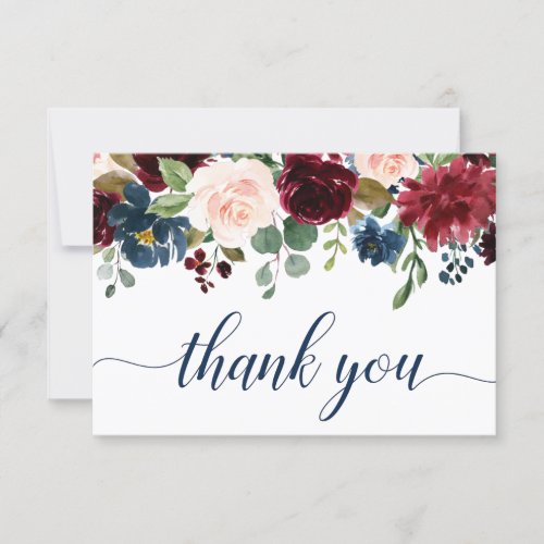 Burgundy Navy Blue Blush Floral Thank You Card