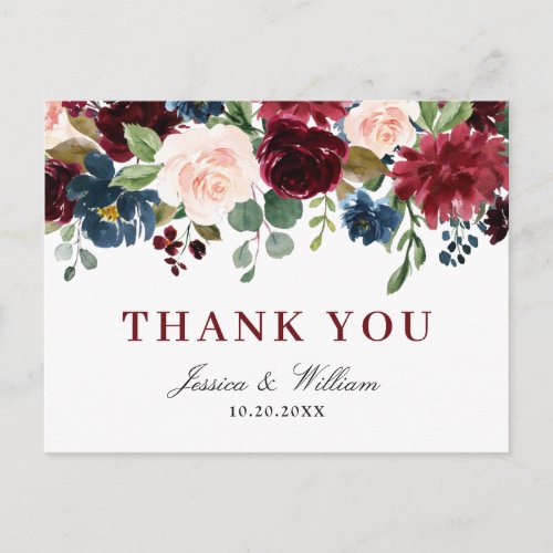 Burgundy Navy Blue Blush Floral Thank You Postcard