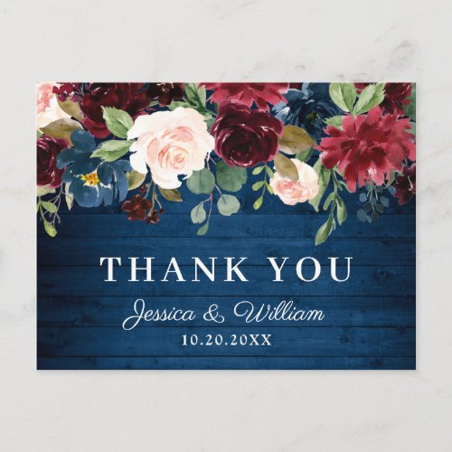 Burgundy Navy Blue Blush Floral Thank You Postcard