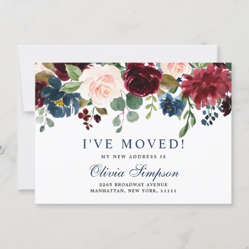 Burgundy Navy Blue Blush Floral Watercolor Moving Announcement