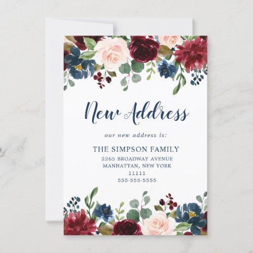 Burgundy Navy Blue Blush Floral Watercolor Moving Announcement