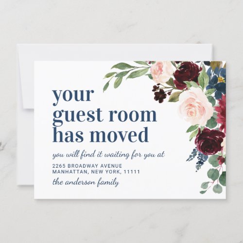 Burgundy Navy Blue Blush Floral Watercolor Moving Announcement