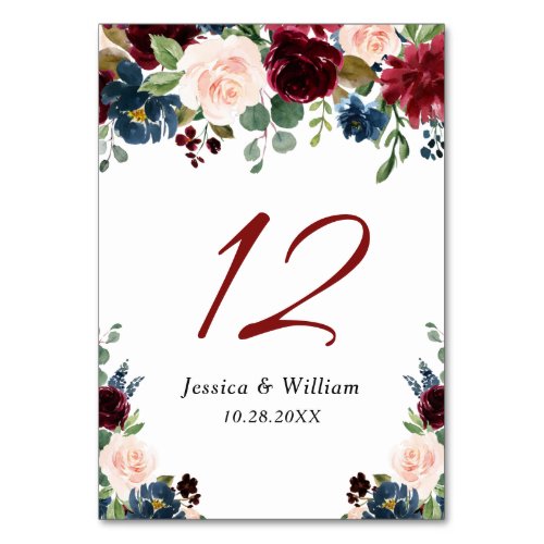 Burgundy Navy Blue Blush Floral Watercolor Rustic Table Number