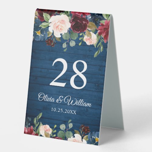 Burgundy Navy Blue Blush Floral Watercolor Rustic Table Tent Sign