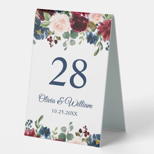 Burgundy Navy Blue Blush Floral Watercolor Rustic Table Tent Sign