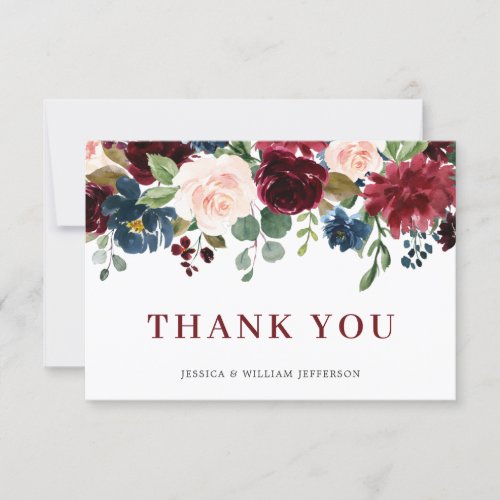 Burgundy Navy Blue Blush Floral WAtercolor Thank You Card