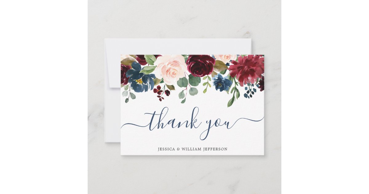 Burgundy Navy Blue Blush Floral WAtercolor Thank You Card | Zazzle