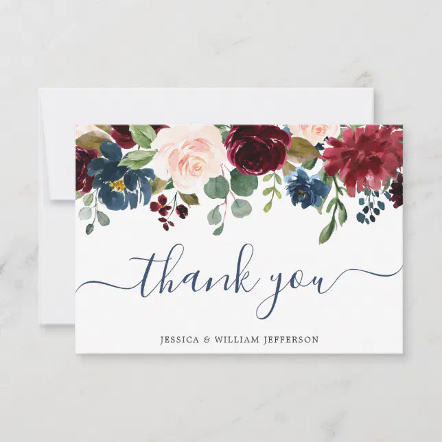 Burgundy Navy Blue Blush Floral WAtercolor Thank You Card | Zazzle