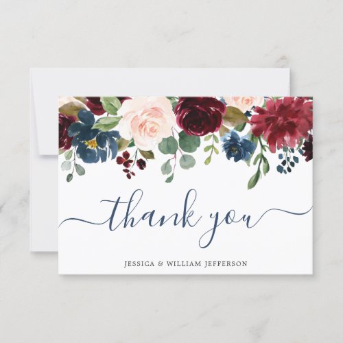 Burgundy Navy Blue Blush Floral WAtercolor Thank You Card