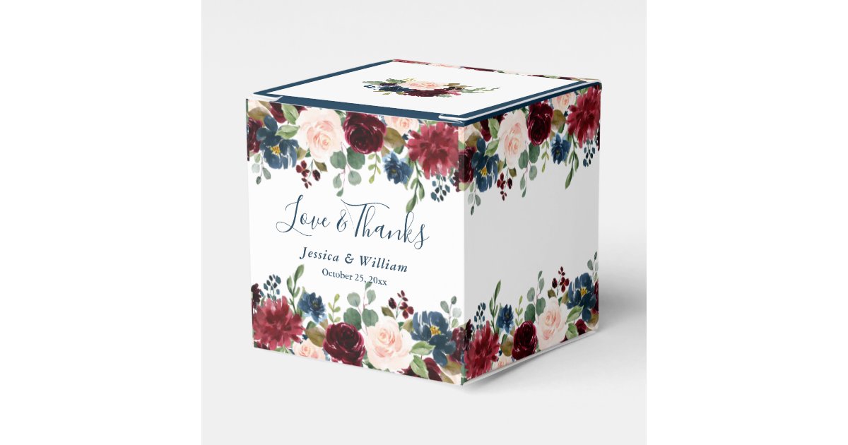 Burgundy Navy Blue Blush Floral Watercolor Wedding Favor Boxes | Zazzle