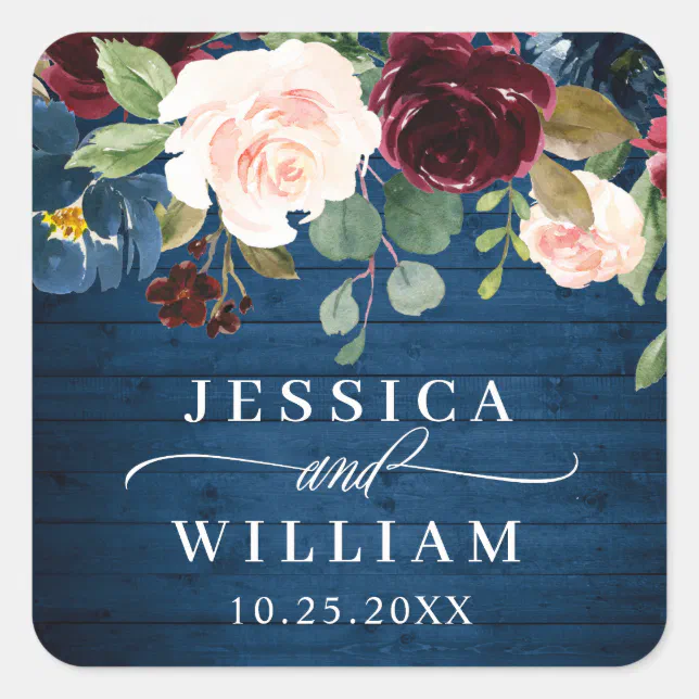 Burgundy Navy Blue Blush Floral Watercolor Wedding Square Sticker | Zazzle