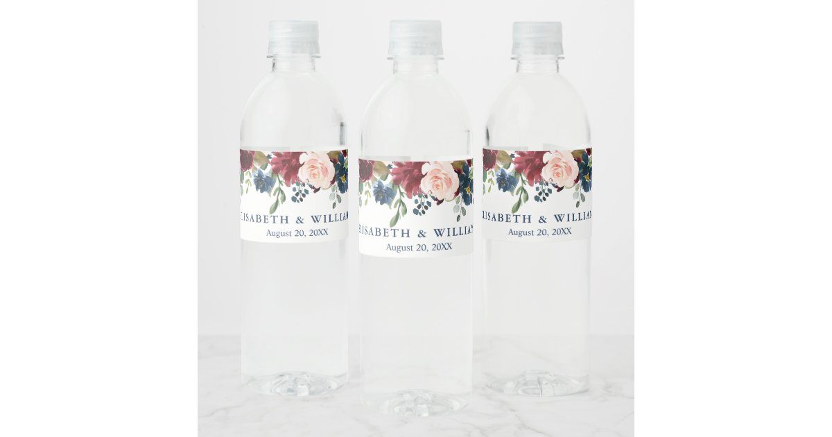 Burgundy Navy Blue Blush Floral Watercolor Wedding Water Bottle Label ...