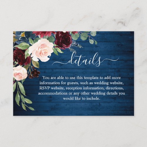 Burgundy Navy Blue Blush Floral Wedding Details Enclosure Card