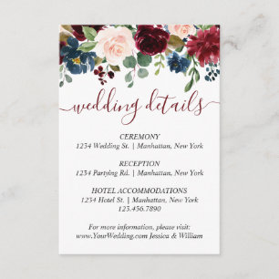 Burgundy Navy Blue Blush Floral Wedding Details Enclosure Card