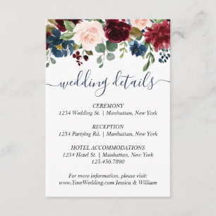 Burgundy Navy Blue Blush Floral Wedding Details Enclosure Card