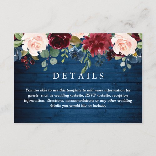 Burgundy Navy Blue Blush Floral Wedding Details Enclosure Card