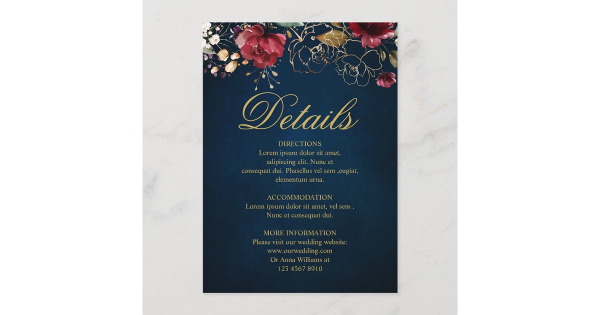 Burgundy Navy Blue Blush Floral Wedding Details Enclosure Card | Zazzle