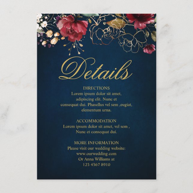 Burgundy Navy Blue Blush Floral Wedding Details Enclosure Card (Front)