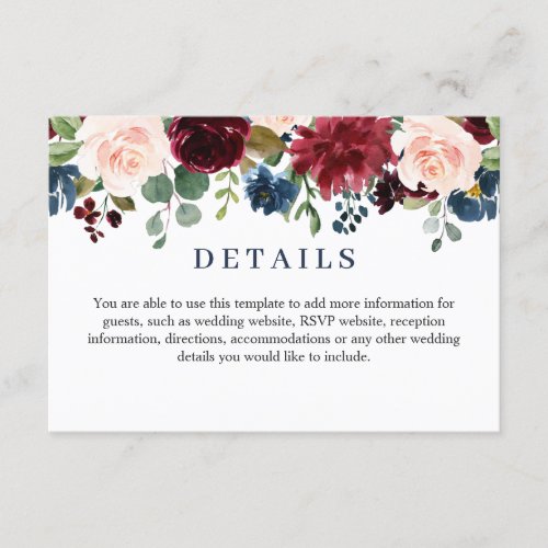 Burgundy Navy Blue Blush Floral Wedding Details Enclosure Card