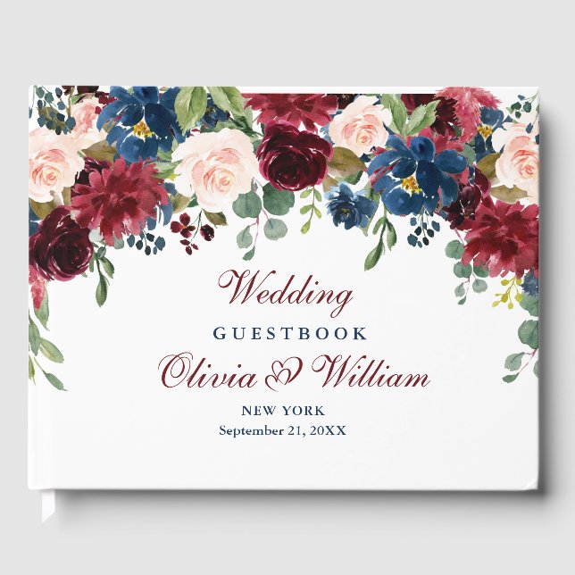 Burgundy Navy Blue Blush Floral Wedding Guest Book (Front)