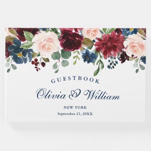 Burgundy Navy Blue Blush Floral Wedding Guest Book