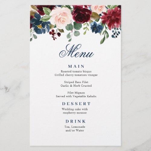 Burgundy Navy Blue Blush Floral Wedding Menu