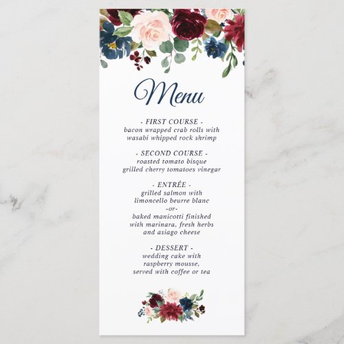 Burgundy Navy Blue Blush Floral Wedding Menu